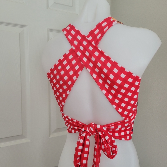 Lime Ricki Watercolor Crossback Tankini Top S NWT Red Floral X Gingham - Picture 5 of 13